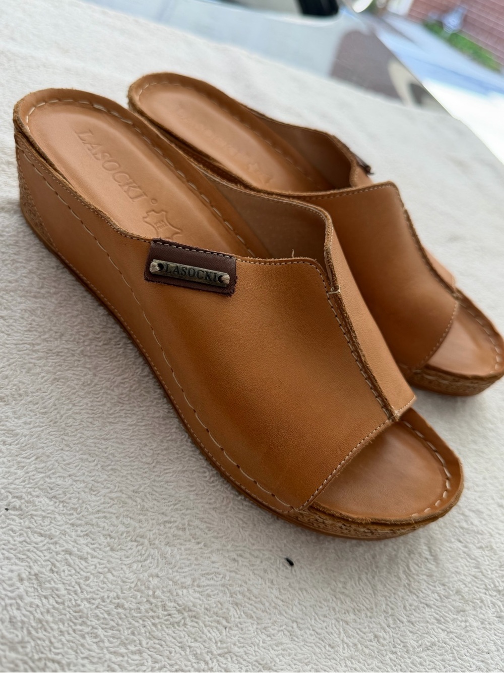 Women’s Tan Leather Wedge Slide Sandals